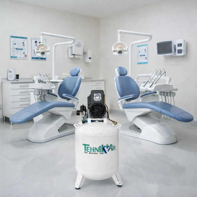 Compresor medical silentios TEHNIK-AIR 50/XS258 | pentru doua scaune dentare, 230 l/min, butelie 50 l, 9 bar