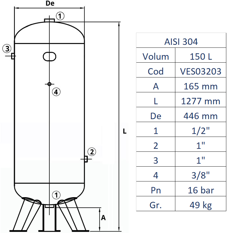 Rezervor de aer 150 l, vertical, 11bar, INOX AISI304, Made in Italy