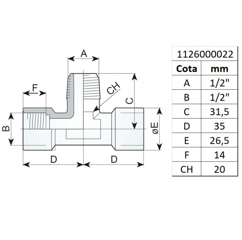 Racord tip T filet int.-ext.-int. 1/2