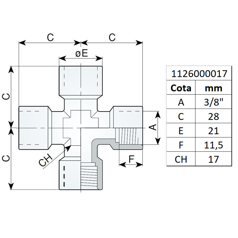 Racord cruce filet interior 3/8