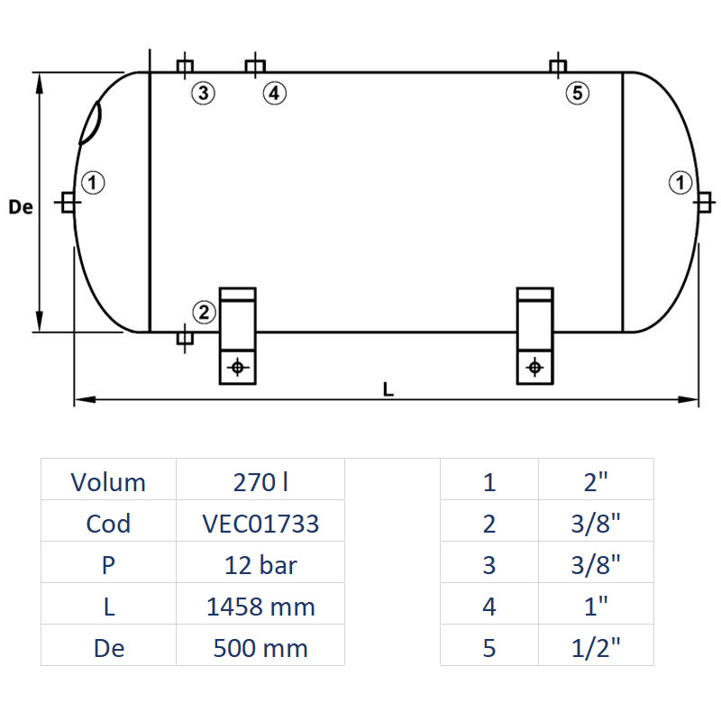 Rezervor de aer 270 l, orizontal, 11bar, vopsit, Made in Italy 