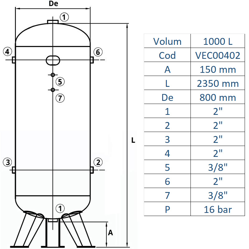 Rezervor de aer 1000 l, vertical, 16bar, zincat, Made in Italy