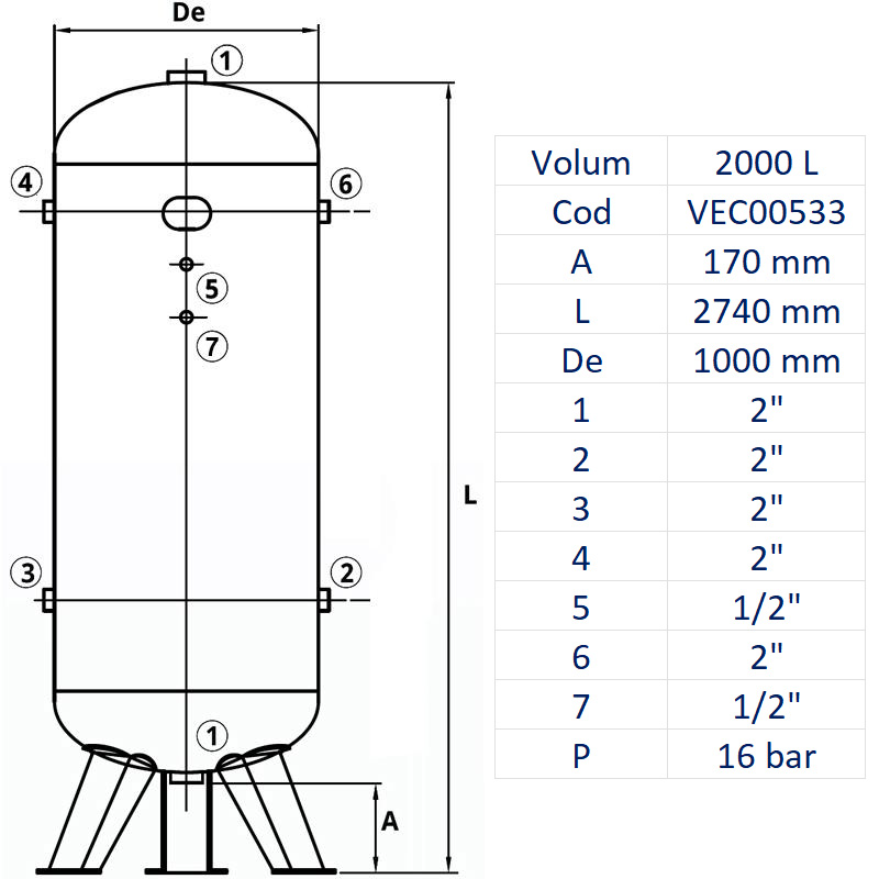 Rezervor de aer 2000 l, vertical, 16bar, zincat, Made in Italy