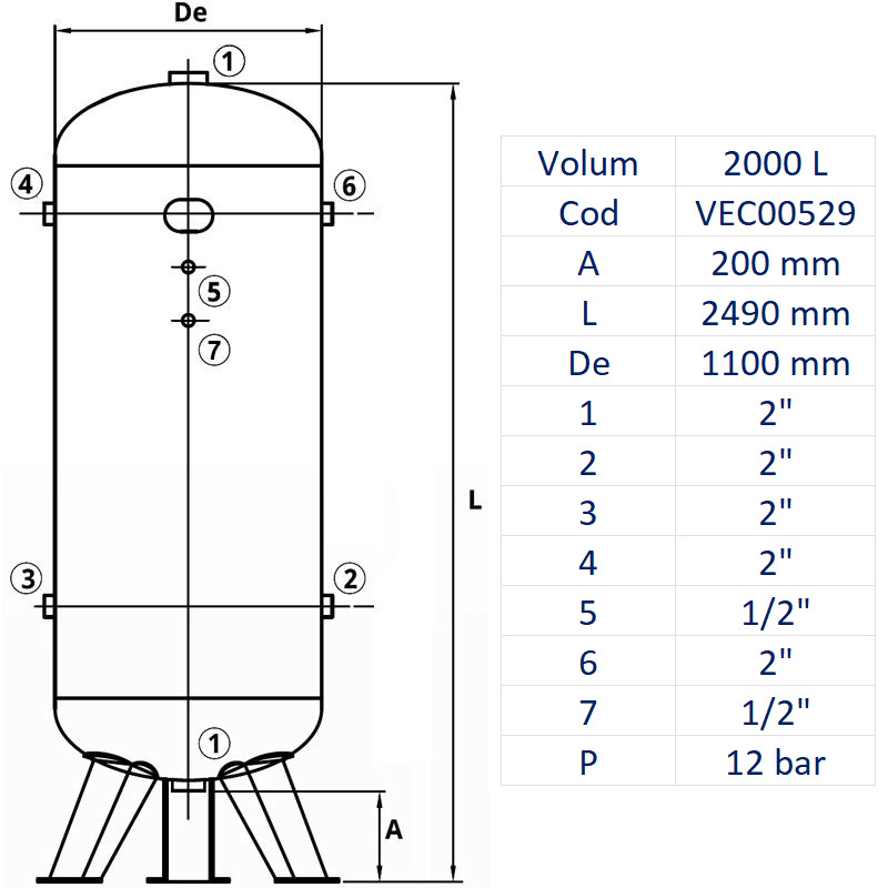 Rezervor de aer 1000 l, vertical, 12bar, zincat, Made in Italy