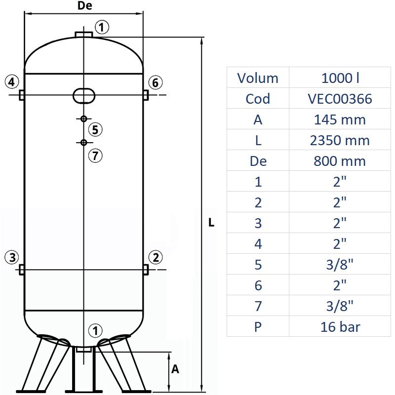 Rezervor de aer 1000 l, vertical, 16bar, vopsit, Made in Italy
