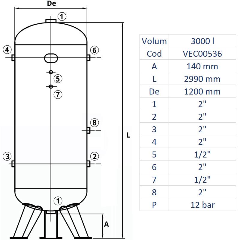 Rezervor de aer 3000 l, vertical, 12bar, zincat, Made in Italy