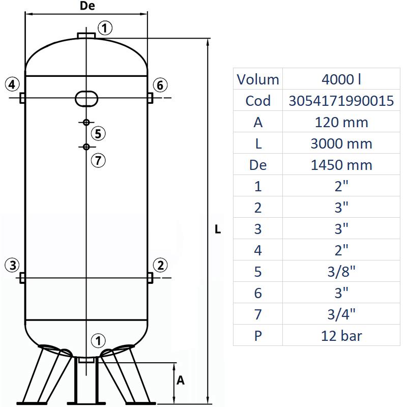Rezervor de aer 4000 l, vertical, 12bar, zincat, Made in Italy