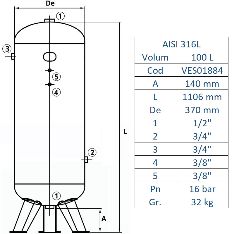 Rezervor de aer 100 l, vertical, 11bar, INOX AISI316L, Made in Italy