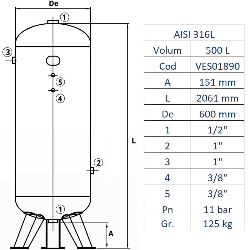 Rezervor de aer 500 l, vertical, 11bar, INOX AISI316L, Made in Italy