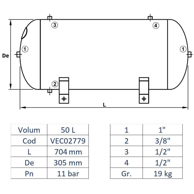 Rezervor de aer 50 l, orizontal, 11bar, zincat, Made in Italy