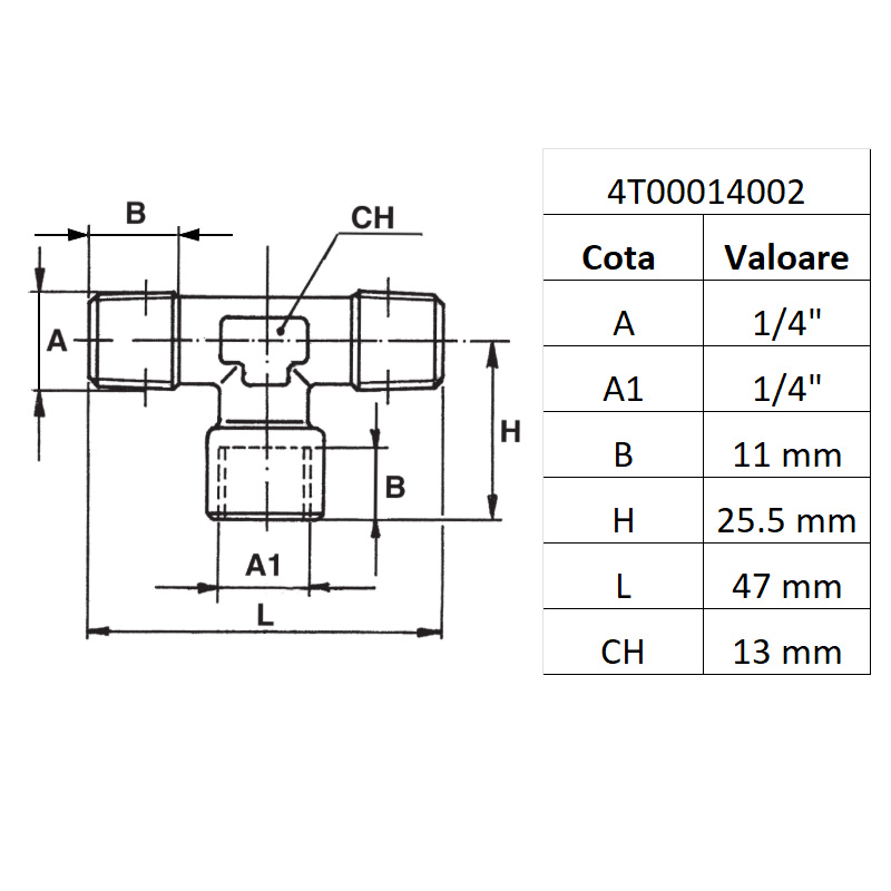 Racord tip T filet ext.-int.-ext. 1/4